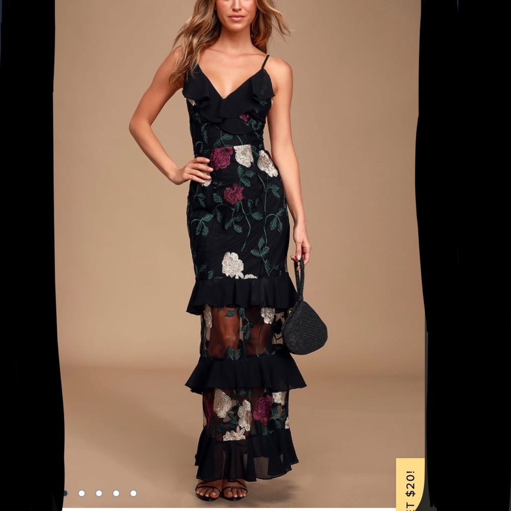 NWT Lulu’s True to Heart Black Floral Embroidered Maxi Dress